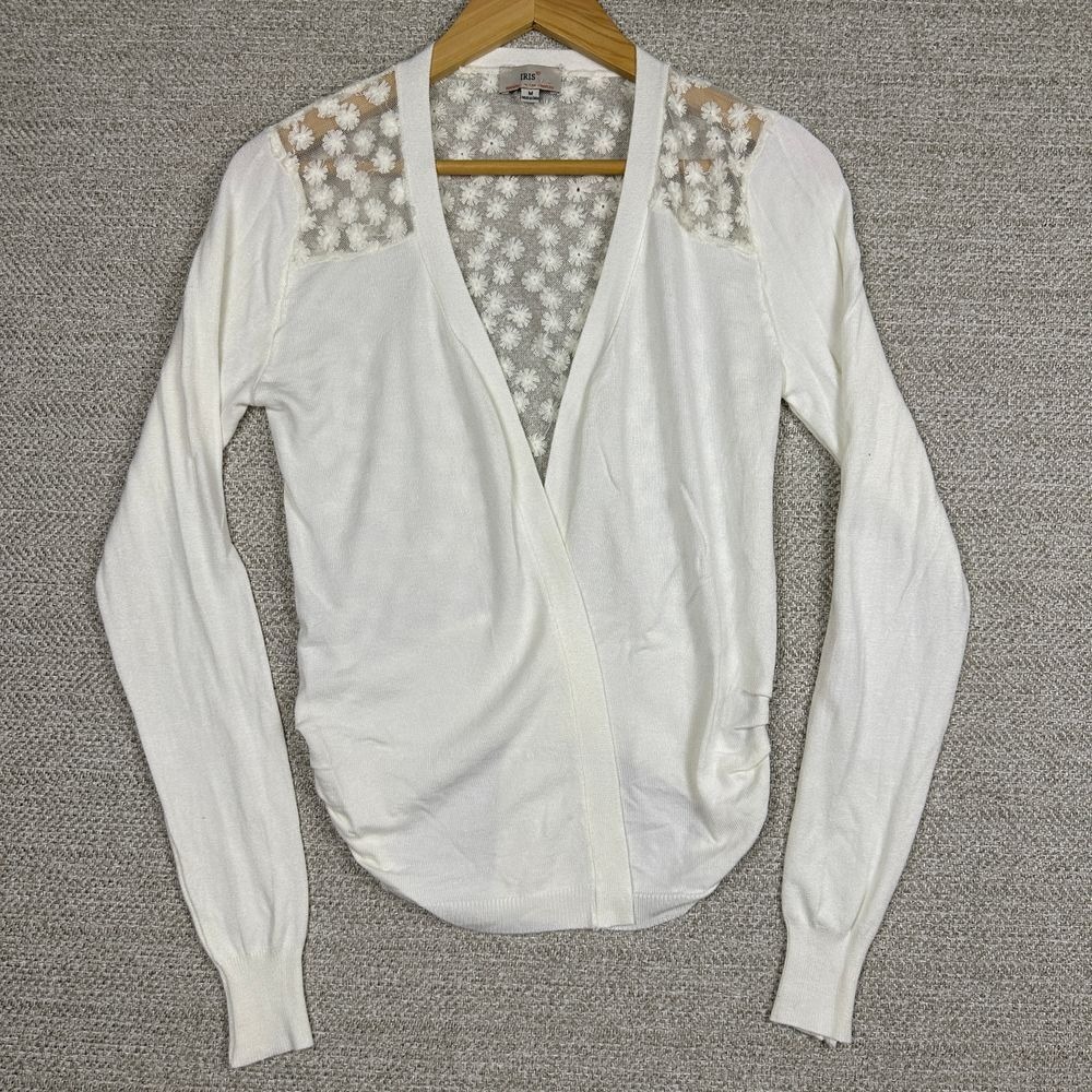 Iris Women's Sz M Cardigan Open Floral‎ Sheer Ruched Fairy Cottage Coquette Thin